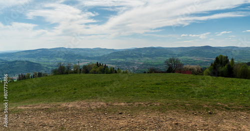 Moravskoslezske Beskydy mountains from meadow on Bahenec in Slezske Beskydy mountains in Czech republic