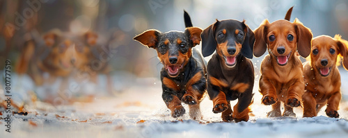 A playful group of Dachshunds frolicking on the right side of the banner, leaving ample copyspace on the left to promote adopting multiple pets.