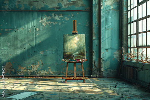 A lone easel stands in the corner of an empty art room, a half-finished painting a testament to interrupted creativity.