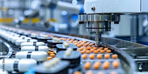 Precision machinery filling pharmaceuticals into containers on production line.