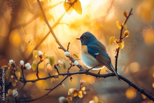 Golden hues of dawn, blue-capped bird perched on branch adorned with delicate buds. Warm backlight creates glowing aura around bird, enhancing its gentle appearance, peaceful ambiance of early morning