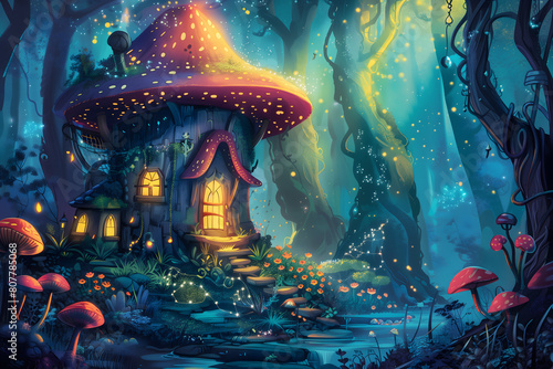A whimsical scene where a magical mushroom house stands amidst towering trees, a sparkling stream, and glowing flora