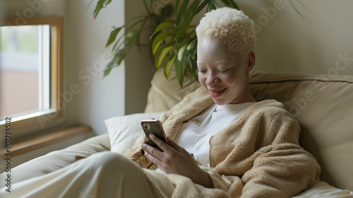 Happy albino woman relaxing at home on sofa looking at smart phone. Black female teenager with albinism texting friends & using social media. Ethnic inclusion & diversity