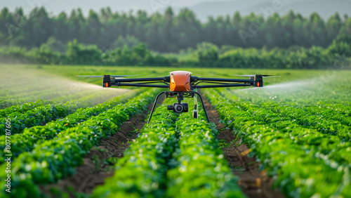 Drone applying treatment in a crop field with precision agriculture technology.