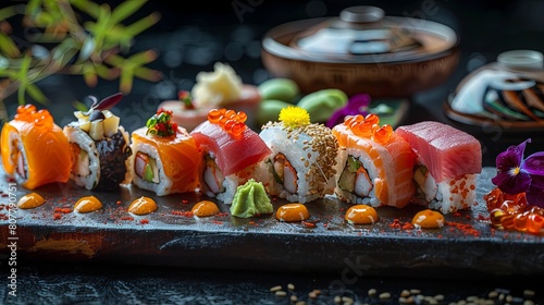 Artfully arranged sushi platter featuring fresh tuna, salmon, and vibrant edible flowers, perfect for a gourmet experience.