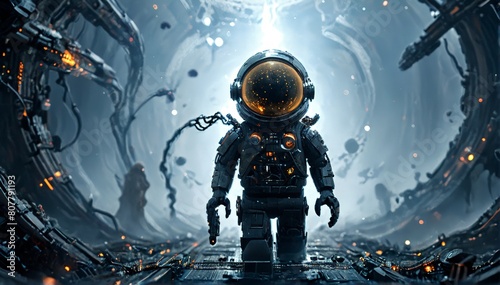 A 3D science fiction scene with astronaut in a spacesuit encountering a mysterious alien figure in the dark vastness of space