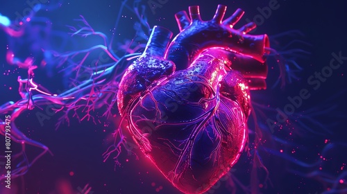 A 3D rendered image of a human heart enhanced with biotechnological implants, glowing under neon lights and a black light background, highlighting the intricate patterns of the tec