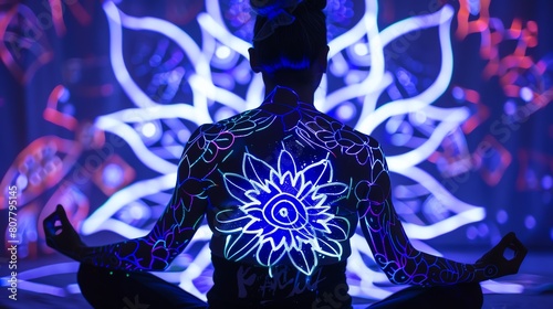 A person in a meditation pose with their body adorned in light-sensitive tattoos that reveal complex 3D patterns under a black light, creating a neon-like effect that enhances the