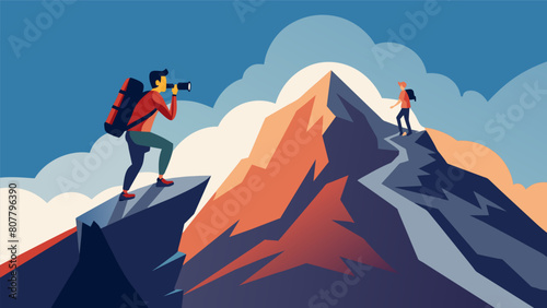 A hiker reaching the summit of a challenging trail their triumph captured by a photographer waiting at the top.. Vector illustration