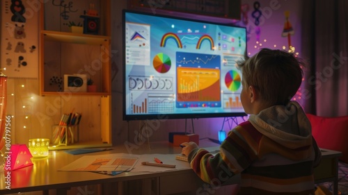 child solves arithmetic problems with the help of visual aids, a smart mirror for doing math homework turns into a fun puzzle game