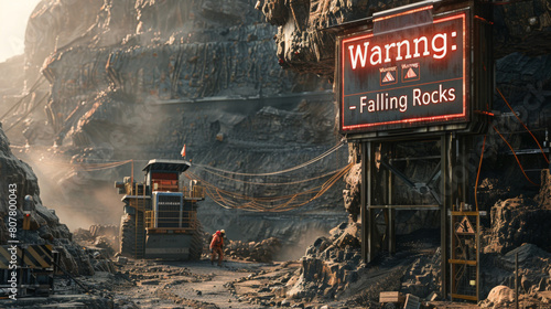A rugged mining site showing heavy machinery, a warning sign for falling rocks, and workers in a dusty environment.