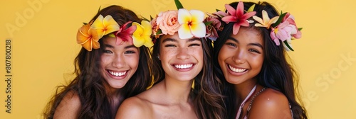 three girls in wreaths on a yellow background