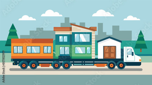 Multiple modules of a modular home being transported to the building site on a specialized flatbed truck emphasizing the convenience and versatility. Vector illustration
