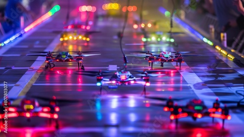 Racing drones lined up on a brightly illuminated track, ready to launch into a high-speed night race with vibrant light effects.