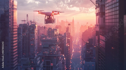 A drone flies amidst skyscrapers, delivering a package in a bustling city during twilight, highlighted by vibrant city lights.