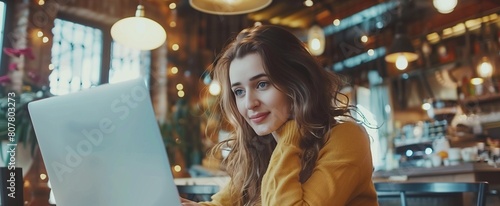 a beautiful female sitting near a table in a coffee shop while doing ecommerce on a computer during free time. generative AI