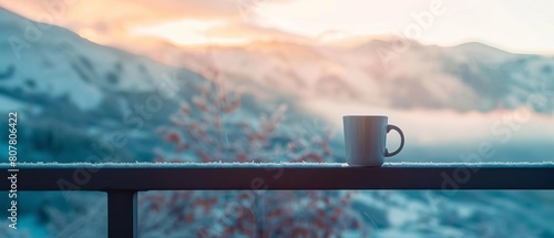 Serene winter morning, with a cup of hot coffee placed on a balcony railing, mountain view in the frosty background, perfect for peaceful day starts