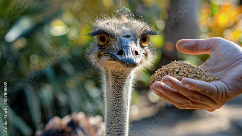 Safari tour with hands holding out feed for a majestic ostrich