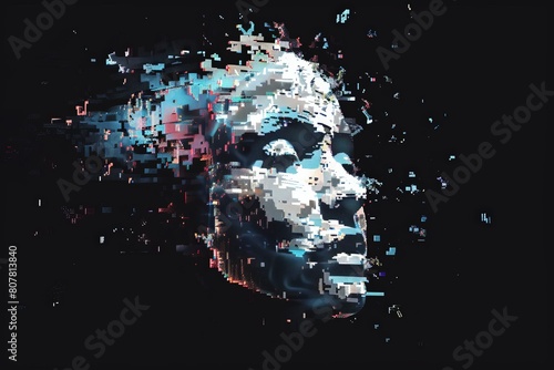 Pixel art vector-style image of a plastic futuristic feminine head reminiscent of a transformer. the head splinters and fog emerges from it. face of the head look as if it is enjoying the experience