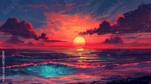 a painting of a sunset over the ocean computer art, detailed painting, outrun, chillwave