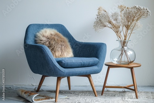 stylish blue armchair with wooden legs and soft cushions stands against the background