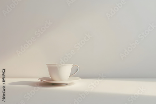a white coffee cup sitting on top of a saucer on top of a white table next to a white wall.