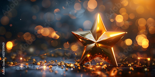 Christmas background with big golden star candles snow bokeh lights snowing xmas, Inspiring Gold Star Trophy Gleaming Amidst Sparkling Background