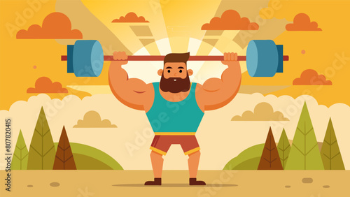 A weightlifter sweating profusely under the scorching sun their strong arms flexed as they lift a heavy log in a rustic wooded area.. Vector illustration