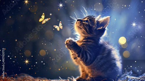 Moon Light Funny Cute Baby Cat Praying with Butterfly