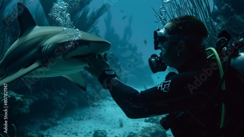 Brave scuba diver gently caresses majestic shark during underwater exploration adventure