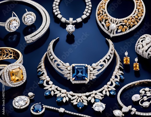 Luxury Jewelries (tiara, bracelet, necklace, ring, earrings), sparkling gems-Blue Sapphire, Diamonds, Topaz 