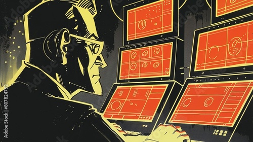 A malevolent hacker in glasses is depicted looking at multiple computer screens with a menacing expression, suggesting cyber mischief 8K , high-resolution, ultra HD,up32K HD