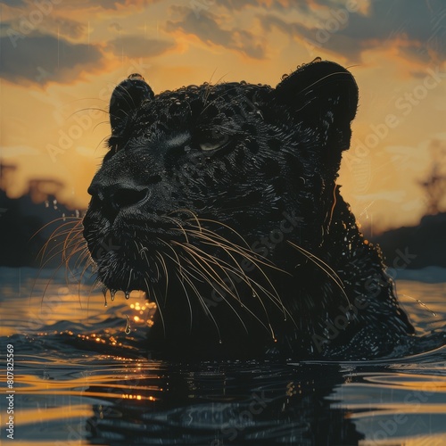 Mysterious silhouette of Mullet emerging from water under overexposed sky in hyperrealistic style, blending modern and mythical imagery.