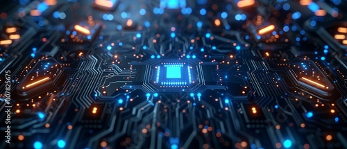 An upclose view of a computer circuit board, with intricate patterns and blue lights adding to its complexity 8K , high-resolution, ultra HD,up32K HD
