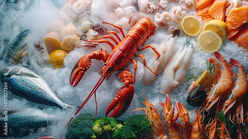 Assorted seafood on ice with steam