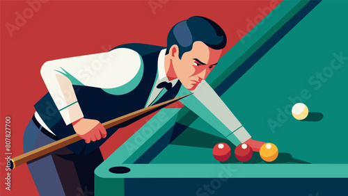 In this moment of snooker concentration nothing exists except the player the cue stick and the balls on the table.. Vector illustration