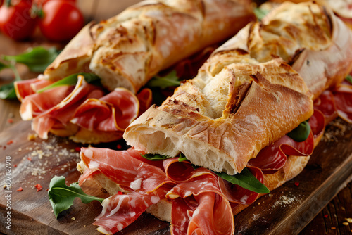Rustic ciabatta sandwiches with a variety of Italian cold cuts, ready to be enjoyed on the go. Freshly made Italian ciabatta sandwiches with prosciutto and arugula