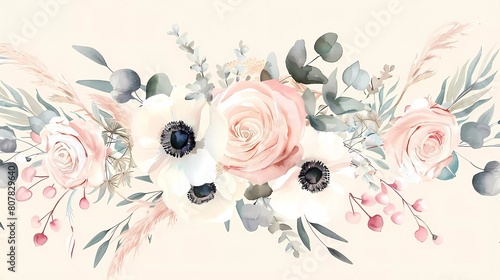 Blush pink roses, ranunculus, peony, white anemone flowers, pampas grass, eucalyptus vector design bouquet. Wedding flowers and greenery. Watercolor.