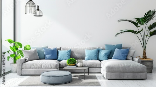 Modern interior design of living room with gray sofa and blue cushions over white wall panorama 
