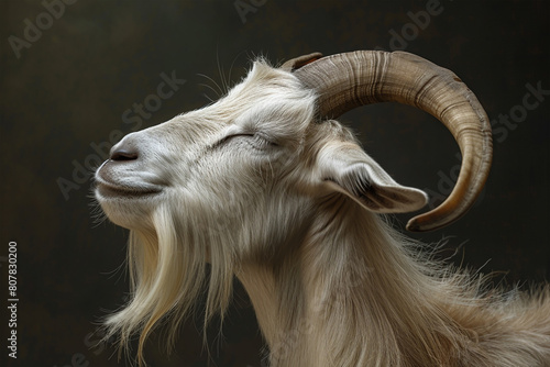 Eid ul adha mubarak concept, A goat with its eyes closed and head raised, exuding a sense of relaxation and tranquility. 