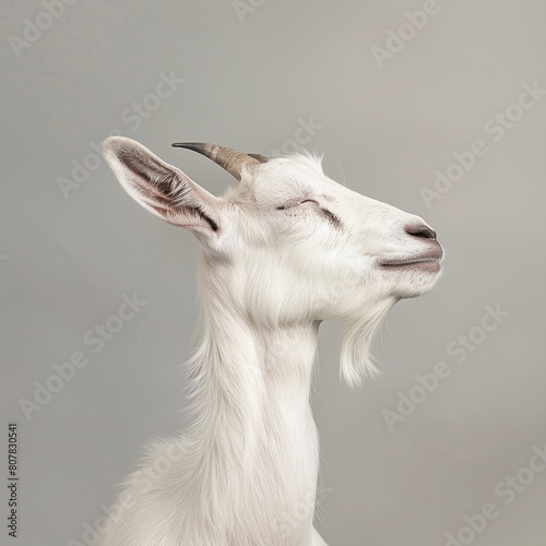 Eid ul adha mubarak concept, A graceful white goat with its eyes closed and head raised, conveying a sense of relaxation against a soft gray background 
