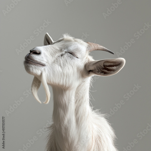 Eid ul adha mubarak concept, A graceful white goat with its eyes closed and head raised, conveying a sense of relaxation against a soft gray background 