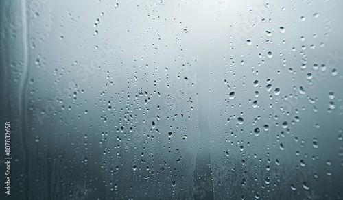 Misty window with raindrops on a gloomy day