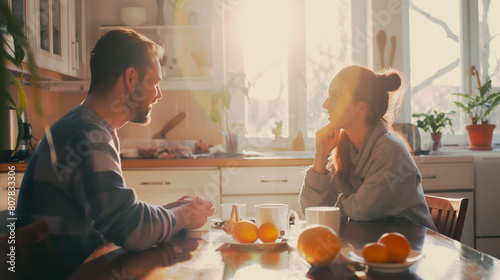 Happy couple man and woman having breakfast in the morning with coffee and talk in the kitchen with sunlight