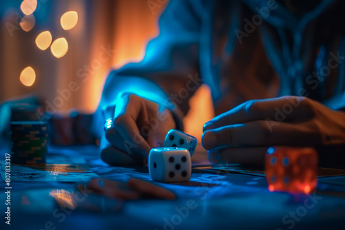 person is playing a game of dice with two dice in their hand. The image has a moody and mysterious atmosphere, with the person's hand holding the dice and the surrounding environment