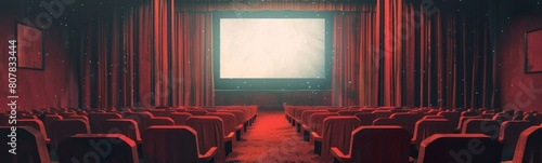 Large screen in a theater with red curtains. Movie cinema background 