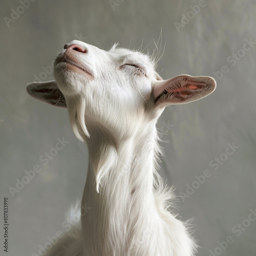 Eid ul adha mubarak concept, A white goat with its eyes closed and head raised, exuding relaxation against a soft gray background 