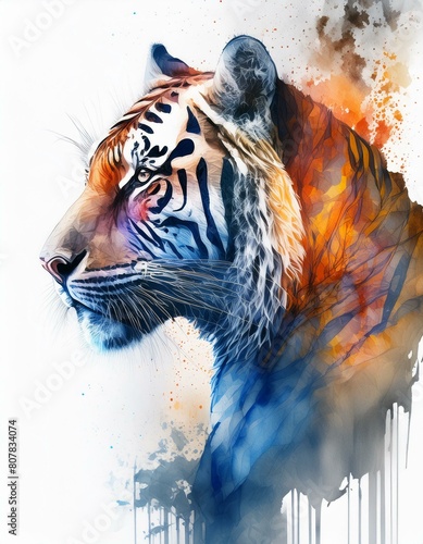 Silhouette de tigre sur fond blanc avec espace de copie - vue rapprochée de la tête_1.jpg