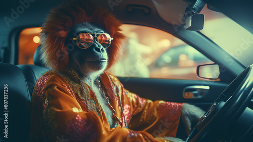 A monkey is driving a car, a fantastic character