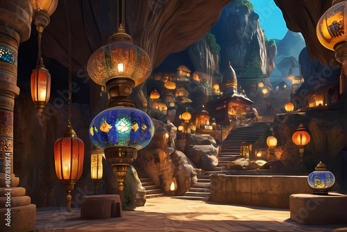 ゲーム背景ランタン通りのファンタジー地下帝国洞窟路地